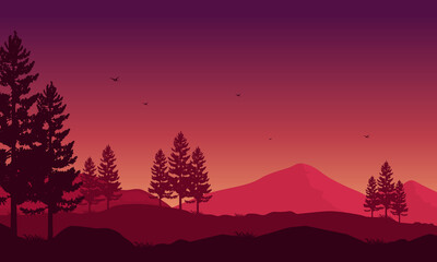 Naklejka premium Beautiful view of mountains and trees at sunset. Vector illustration
