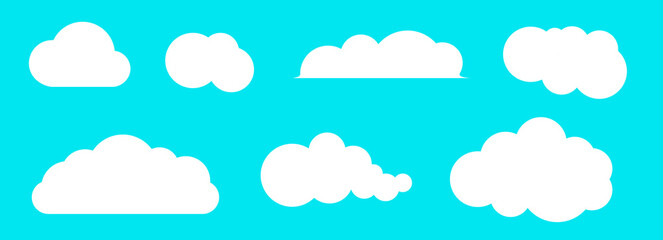 Set of different clouds. Blue sky. Cumulus clouds. Flat vector illustration on blue background.