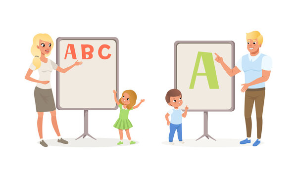 Cute Children Studying Alphabet with Their Teachers at Lesson Set, Kids Education and Upbringing Concept Cartoon Vector Illustration