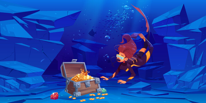 Woman scuba diver finds treasure chest with gold under water in sea or ocean. Vector cartoon illustration of underwater landscape with wooden box full of golden coins and girl in mask and diving suit