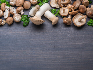Different brown colored edible mushrooms on black table with herbs. Top view.