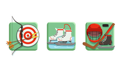 Square Sport Icons Set, Darts, Figure Skating, Hockey Flat Vector Illustration