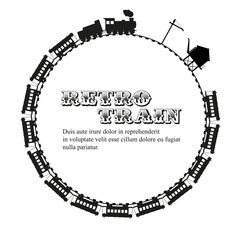 Retro train round frame. Sample text. Flat vector illustration isolated on white.