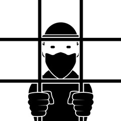 The prisoner criminal is being held behind bars. Flat vector illustration isolated on white.