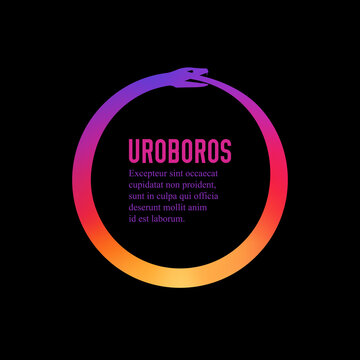 Uroboros. Ouroboros. Ancient Symbol. The Snake Eats Its Tail. Infinity. Round Circle Frame. Flat Vector Illustration Isolated On Black Background.