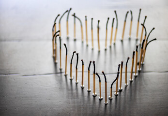 concept of end of love. burnt matches in a shape of love heart