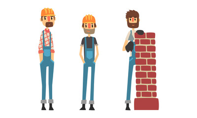 Male Professional Construction Workers Set, Team of Builders in Overalls Cartoon Vector Illustration