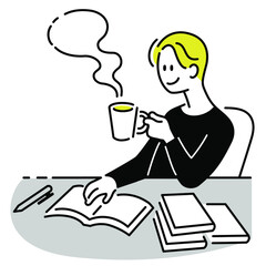 本を読んで仕事や勉強をする男性、休憩