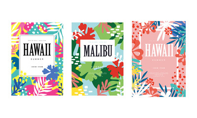 Malibu, Hawaii Banner Templates Set, Tropical Summer Poster, Card, Background, Flyer, Invitation with Exotic Seamless Pattern Vector Illustration