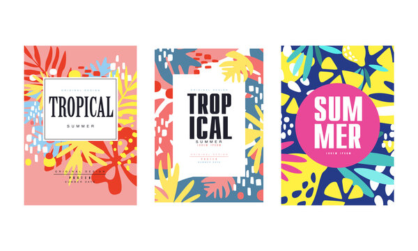 Tropical Summer Banner Templates Set, Poster, Card, Background, Flyer, Invitation with Exotic Seamless Pattern Design Vector Illustration