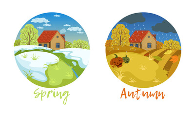 Set of Autumn and Spring Landscape, Seasons of Nature, View of Small House in Nature Rural Landscape Cartoon Vector Illustration