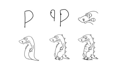 how to draw a crocodile from P step by step. easy and fun activity for kids development and creativity. tutorial of drawing animal and object from alphabet series in vector illustration. 