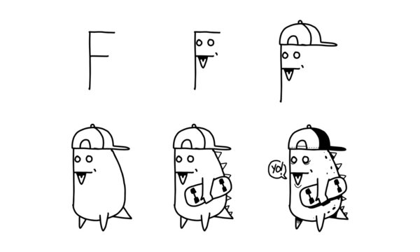 how to draw a cute dinosaur from F step by step. easy and fun activity for kids development and creativity. tutorial of drawing animal and object from alphabet series in vector illustration. 