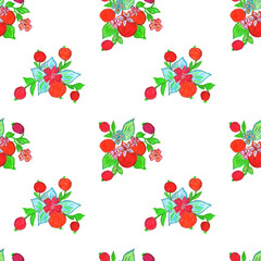 Seamless illustration of a bouquet of flowers and berries on a white background.