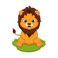 Cute baby lion cartoon sitting in the grass