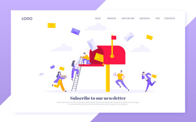 Subscribe now to our newsletter vector illustration with tiny people running toward mailbox. Email news subscription or mail marketing business flat style design landing page website template concept.