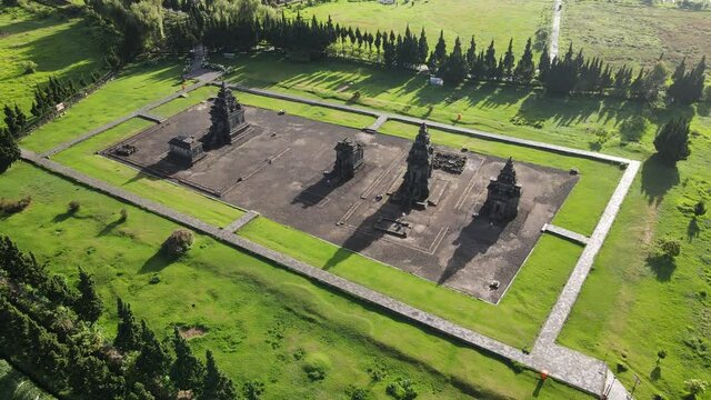 Aerial view of arjuna temple complex at Dieng Plateau.