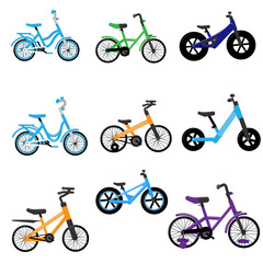 Set of kids bikes. Bicycles for children, for boys. Icons, vector, flat design.