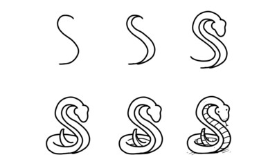 how to draw a snake from S step by step. easy and fun activity for kids development and creativity. tutorial of drawing animal and object from alphabet series in vector illustration. 