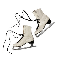 Old white ice skates with black laces on white background