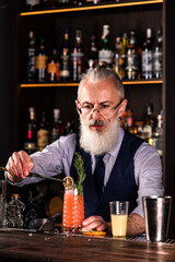 Portrait elderly bartender man with fresh delicious cocktail