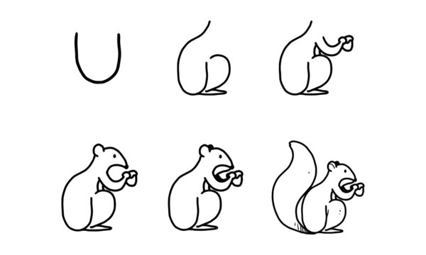 how to draw a funny squirrel from U step by step. easy and fun activity for kids development and creativity. tutorial of drawing animal and object from alphabet series in vector illustration. 