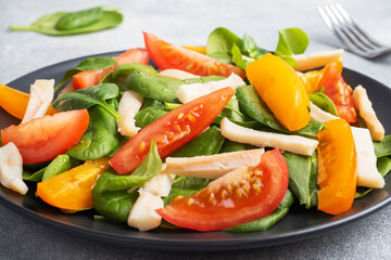 Salad of boiled squid, fresh tomatoes, spinach leaves. Delicious bright diet dish with vegetables and seafood.