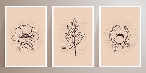 Fototapeta na wymiar Abstract trendy Botanical wall art. Foliage line art drawing with shape. Minimal, natural wall art. Vector illustration flowers drawn by line ink by hand. Set of minimalist aesthetic posters