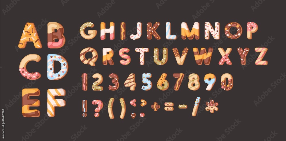 Wall mural set of isolated sweet numbers, symbols and letters of bakery alphabet. kids font from glazed donuts 