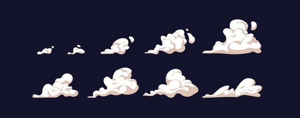 Movement of cartoon steam cloud puffs or smoke of different shapes and sizes. Isolated smoky cumulus elements of gas explosions, dust or vapor. Colored flat vector illustration of fume animation © Good Studio