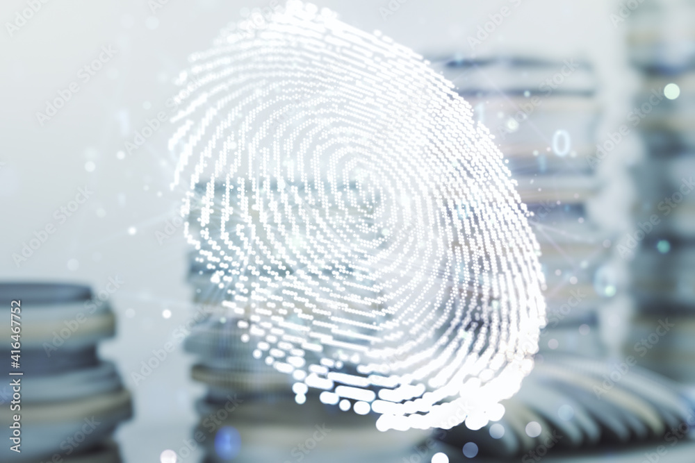 Poster abstract virtual fingerprint hologram on stacks of coins background. multiexposure