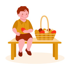Little boy with a basket of Easter eggs are sitting on a bench. With rabbit ears. Egg hunt. Vector illustration in flat cartoon style.