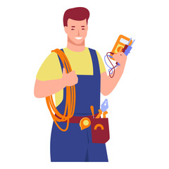 Working electrician with tools. Wires, tester in hands. Vector illustration in flat cartoon style. Isolated on a white background.