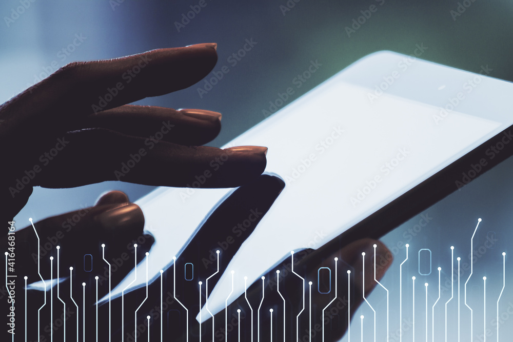 Poster creative abstract micro chip hologram and finger presses on a digital tablet on background, artifici