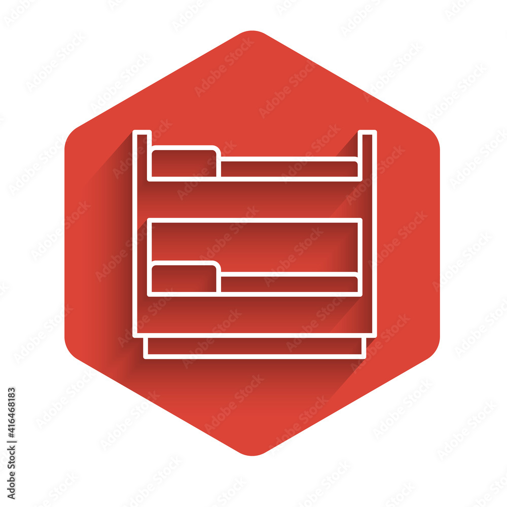 Sticker White line Bunk bed icon isolated with long shadow. Red hexagon button. Vector.