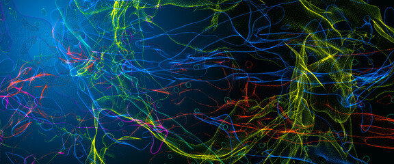Twisted wireframe shapes in vibrant colours glowing and swirling in an artistic abstract design 3d render
