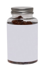 Closeup of a blank white round glass bottle or jar with screw lid with brown collagen pieces for health isolated on a white background. Empty label. Macro.