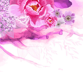 Delicate pink background with flowers. Vector illustration