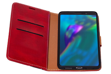 Mobile phone screen. Close-up of a smartphone in a red brown leather mobile phone case with...