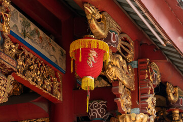 Chinese lantern on roof of Buddhist temple in Singapore