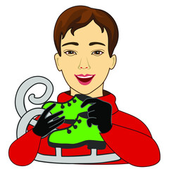 retro illustration with man skater holding skates in her hands, vintage emoticon on white isolated background