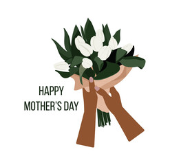Mother's Day Card, hands holding tulips bouquet vector illustration.