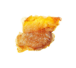 Fried lard cracklings on a white plate.