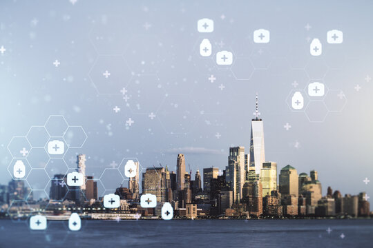 Double exposure of abstract virtual medical hologram on New York city skyscrapers background. Healthcare technolody concept