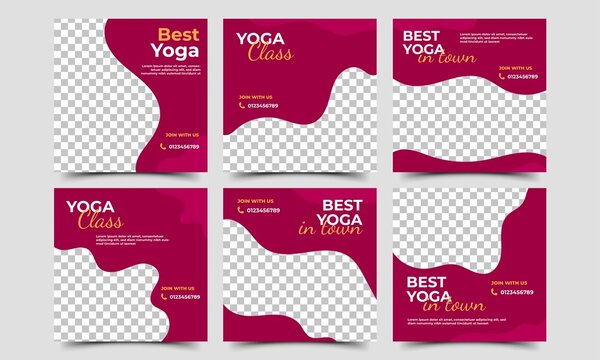 Social media post template set for yoga promotion content. Red background with a photo collage. Vector design illustration. Usable for social media, flyers, banners, and web internet ads.