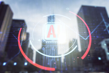 Double exposure of creative artificial Intelligence abbreviation hologram on blurry cityscape...