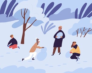 Scene of happy people making snowman from snow in winter. Family with kids playing together in park in cold freezing weather. Colored flat vector illustration of parents with children in wintertime
