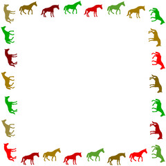 horses in a decorative frame with border surrounded by horses with five colours