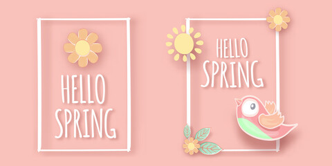 Hello spring label with spring birds and flowers on a soft pastel pink background. Hello spring simple cut paper style illustration design template