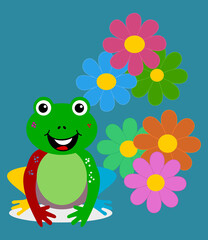 colourful merry carnival frog with spring flower on blue background